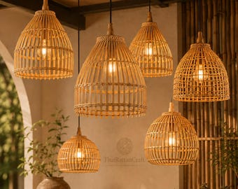 Abajur pendente de bambu trançado à mão | Luminária suspensa Japandi | Abajur de rattan estilo boho | Decoração tropical natural