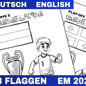 33 Flaggen, Fußball, EM 2024, Ausmalen für Kinder, Deutsch + English, 33 Flags Colouring Pages for kids, Euro 2024, Soccer