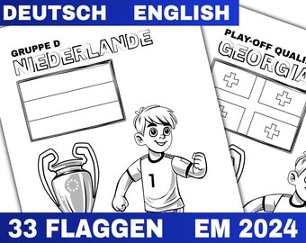 33 Flaggen, Fußball, EM 2024, Ausmalen für Kinder, Deutsch + English, 33 Flags Colouring Pages for kids, Euro 2024, Soccer