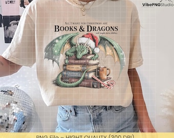 Books and Dragons Christmas PNG, Fantasy Reading Dragon with Santa Hat, Bookish Holiday Art