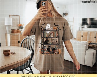 Spooky Bookcase PNG, Halloween Ghost and Black Cat Bookshelf, Bookish Digital Art