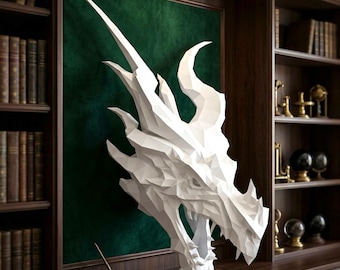 Figura de papel de Alduin/Cabeza de papel de dragón/Origami 3D/Escultura poligonal/Plantilla PDF imprimible/Trofeo de animal/Decoración de pared de baja poligonalidad/Modelo de papel para manualidades