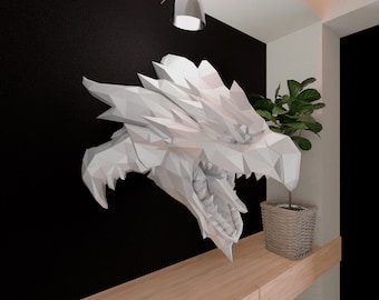 ラタロスのペーパークラフト／紙の頭／3D折り紙／PDF印刷可能な型紙／多角形の彫刻／ドラゴンの壁飾り／PDFテンプレート／DIYローポリモデル