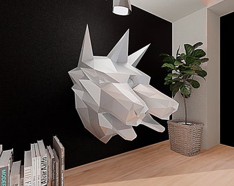 Origami de perro mutante/Modelo 3d imprimible/Artesanía de papel DIY/Decoración de pared/Escultura de perro/Patrón imprimible/Plantilla PDF/Cabeza de papel animal/Baja poli