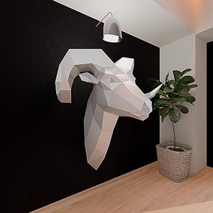 Carnero de papel/Modelo 3D DIY/Escultura poligonal/Cabeza de animal de papel/Trofeo de animal/Patrón imprimible/Poly bajo/Plantilla PDF de papercraft/Decoración de carnero