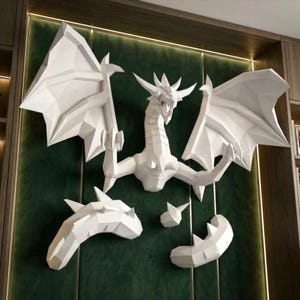 印刷可能なローポリドラゴンの設計図。DIY 3Dペーパークラフト幾何学モンスター彫刻。折り紙多角形トロフィーペーパークラフトパズルPDFテンプレート