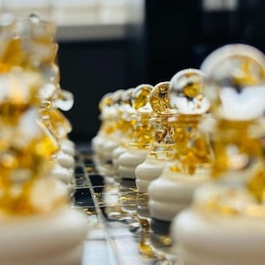 Custom chess sets with chessboard | Size of King 7cm (2.75 inches) | Golden White colors chess pieces | Resin figures