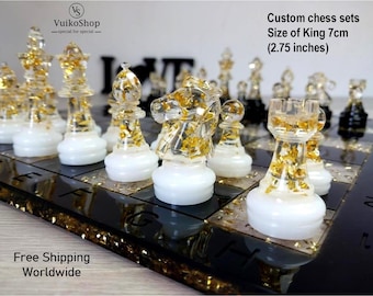 Unique chess set with golden flakes | Size of King 7cm (2.75 inches) | Custom chess pieces