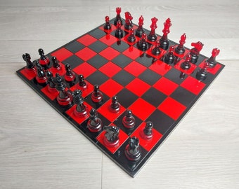 Resin chess set with board | Size of King 7cm (2.75 inches) | Red and Black chess pieces