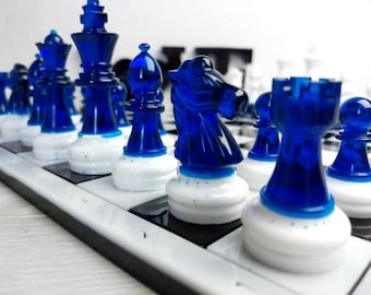 Resin Chess Set with Board | Modern White & Blue Chess Pieces
