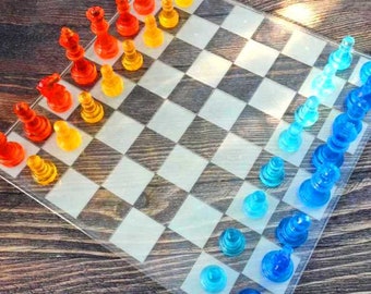Custom chess set with chessboard | Size of King 7cm (2.75 inches) | Rainbow chess pieces resin
