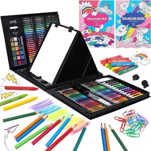 Sunnyglade 185 Pieces Double Sided Trifold Easel Art Set, Drawing Art Box  with Oil Pastels, Crayons, Colored Pencils, Markers, Paint Brush,  Watercolor
