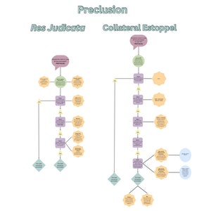 May include: A diagram titled "Preclusion" with two sections: "Res Judicata" and "Collateral Estoppel." The diagram uses various shapes, including circles, squares, and diamonds, connected by lines, with text inside each shape. The color palette includes purple, green, yellow, and blue.