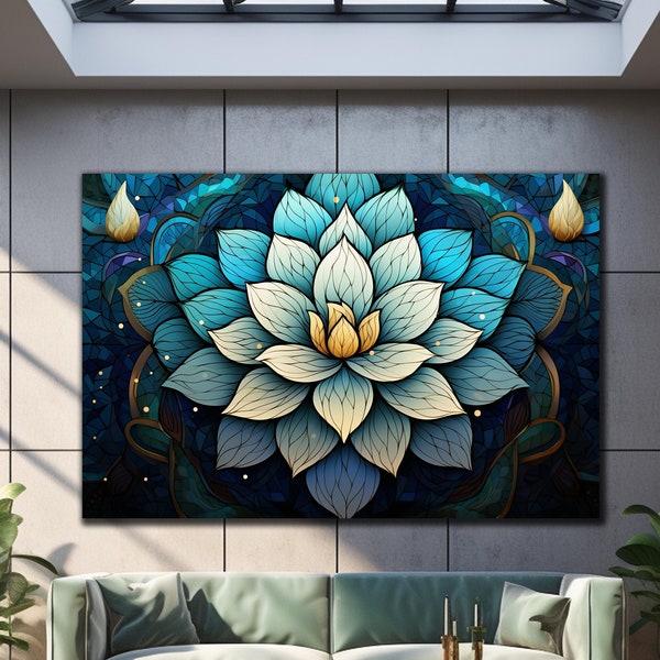 Arte de pared de vidrio templado, arte de pared de loto con temática de mandala, arte de loto manchado, vidrio templado de loto mandala, flor de loto zen, arte de vidrio mandala