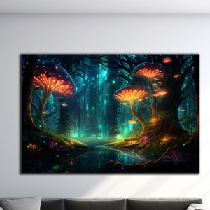 Fireflies Illuminate Forest Tempered Glass Wall Art, Fantasy Neon Wall Decor, Psychedelic Glowing Forest Glass Art, Optical Illusion Artwork