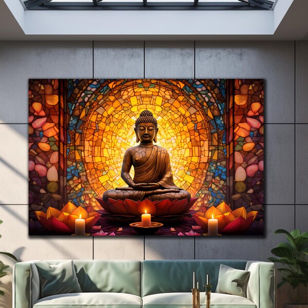 Décoration murale en verre trempé | Art mural du Seigneur Bouddha | Cadeaux de pendaison de crémaillère | Décoration murale bouddhisme | Cadeaux pour elle | Grandes tentures murales | Décoration d'intérieur