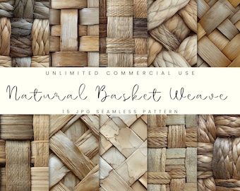 Patrón sin costuras de tejido de cesta, paquete de papel digital tejido natural, fondo de cesta, descarga instantánea, uso comercial