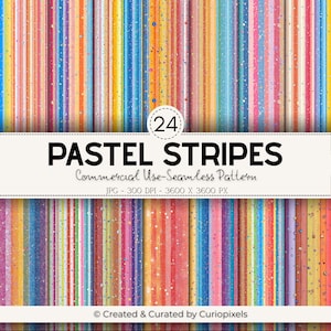 Puede incluir: Un paquete de papel digital con rayas verticales pastel multicolores. El diseño presenta colores vibrantes como azul, rosa, amarillo y naranja. El texto "PASTEL STRIPES" se muestra en una pancarta blanca, junto con otros detalles.