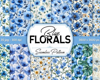 Blue Floral Digital Paper Set: Watercolor Scrapbook Patterns (Digital Download)