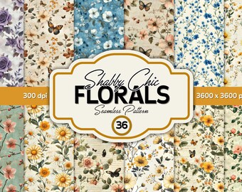 Shabby Chic Floral Digital Paper: Seamless Vintage Patterns (JPG Files, Commercial Use)