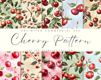 Watercolor Cherry Seamless Pattern, Sakura Flower Digital Paper Pack, Instant Download, Commercial Use