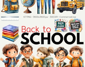Watercolor Back to School Clipart – Classroom Elements Set, 67 PNG, (Commercial Use)