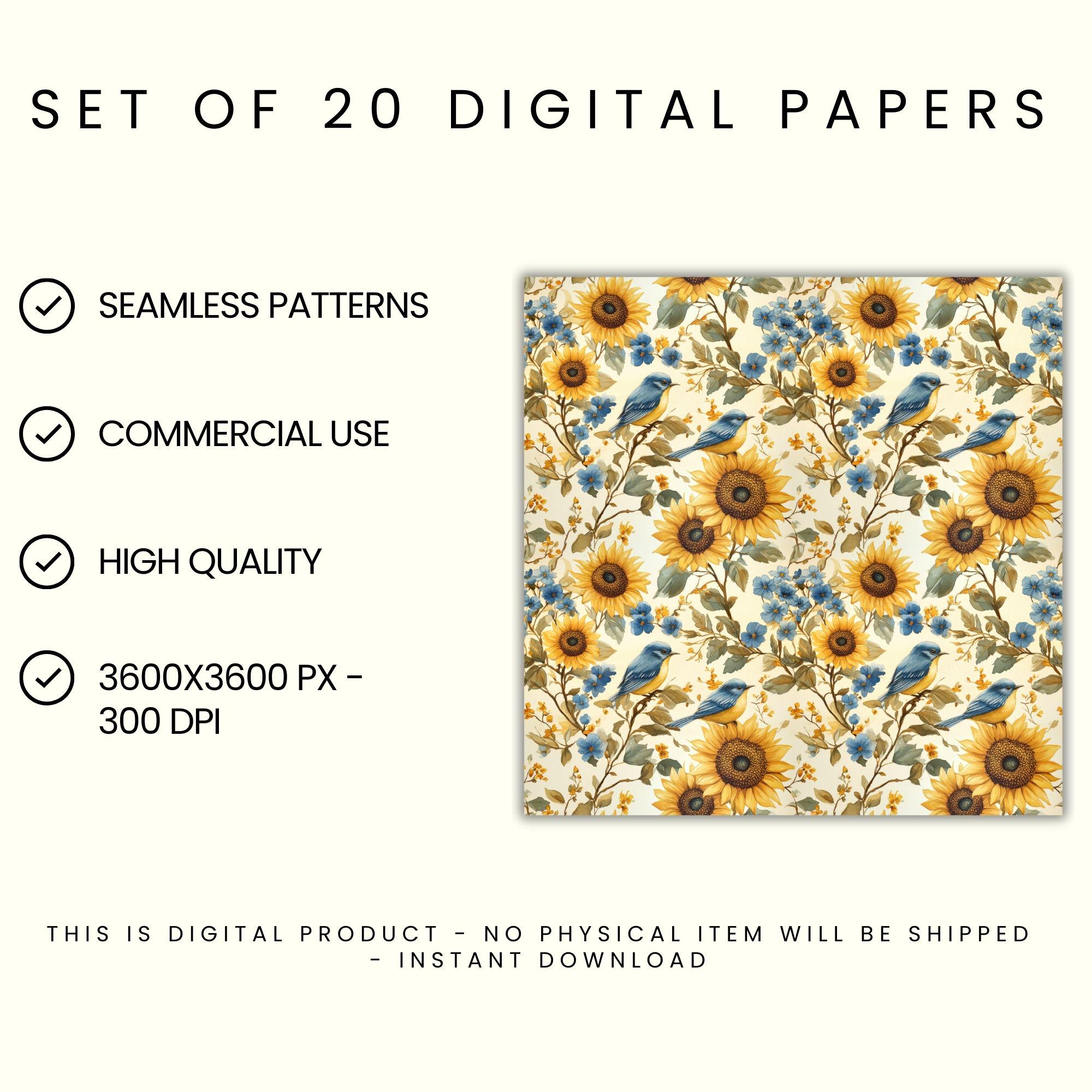 Sunflower Seamless Pattern, Watercolor Floral Digital Paper, Butterfly ...
