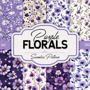Purple Watercolor Floral Digital Paper: Seamless Vintage Patterns (3600x3600 px, JPG, Digital Download)