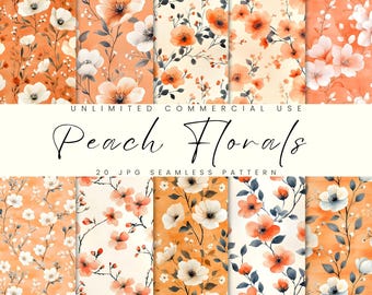 Peach Floral Pattern, Seamless Digital Paper, Watercolor Floral, Instant Download, Commercial Use