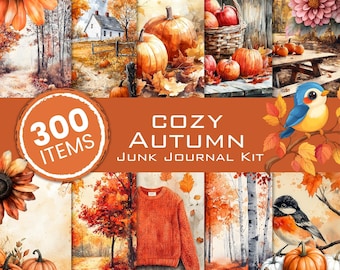 Kit de diario creativo otoñal acogedor: Elementos decorativos vintage con forma de calabaza (Descarga digital en papel tamaño A4, uso comercial)