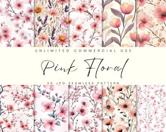 Pink Floral Seamless Pattern, Flower Digital Paper pack,  Watercolor Scrapbook, Instant Download, Commercial Use
