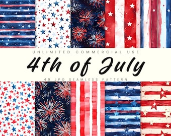 4th of July Seamless Pattern, Patriotic Stars & Stripes Digital Paper Pack, Instant Download, Commercial Use