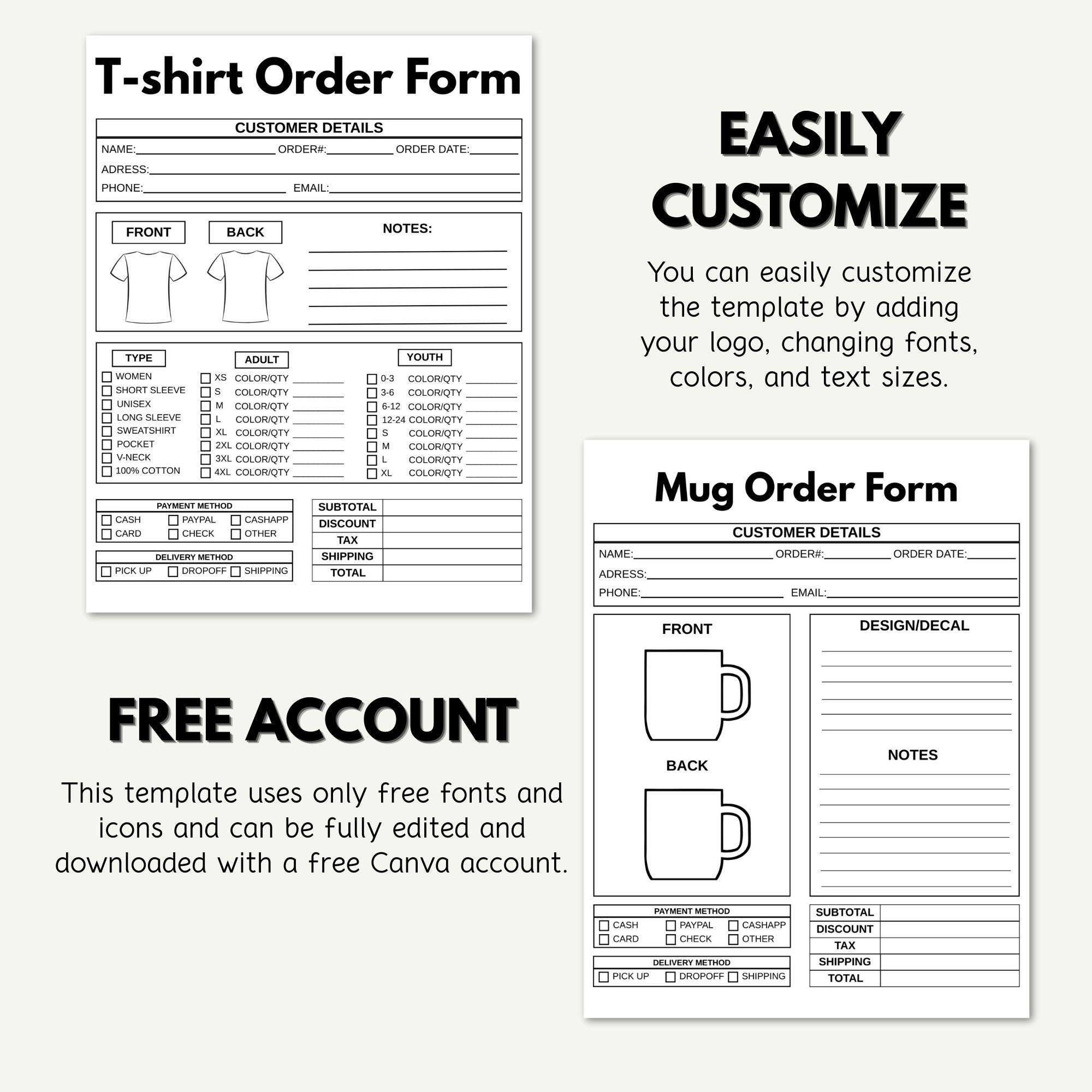 Editable Order Forms Bundle – T-shirt, Tumbler & Invoice Template Kit ...