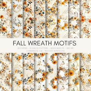 28 Herbstkranz Motive nahtlose digitale Papiere - Aquarell Herbst Blumenmuster für Junk Journals & Scrapbooking - Kommerzielle Nutzung