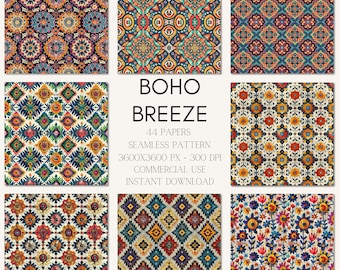 Boho Seamless Patterns: Scrapbooking & Journal Digital Papers (44 JPGs) [Commercial Use]