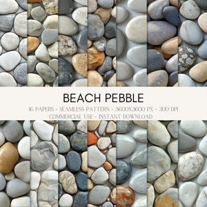 16 Beach Pebble Floral Seamless Digital Papers | Stone Texture Backgrounds | Scrapbook & Junk Journal Kit | Commercial Use