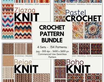 Crochet Seamless Pattern Bundle - 134 Digital Papers, 4 Sets, 3600x3600 px, 300 DPI