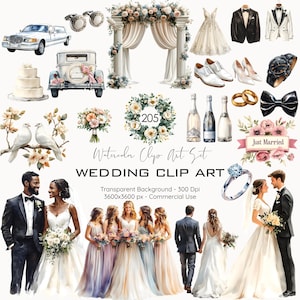 Clipart di nozze ad acquerello: sposa, sposo, chiesa (download digitale, uso commerciale PNG)