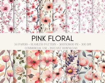 Pink Floral Seamless Digital Paper: Watercolor Scrapbook Patterns (34 JPG Files)