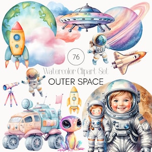 Watercolor Space Clipart: Astronauts, Rockets, Planets (Digital Download, Commercial Use)
