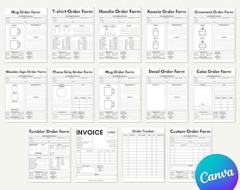 Editable Order Forms Bundle – T-Shirt, Tumbler & Invoice Template Kit, 14 Professional Canva Templates