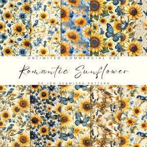 May include: A digital collection of twenty seamless patterns featuring yellow sunflowers, blue butterflies, and small birds on a cream background. The text reads UNLIMITED COMMERCIAL USE, Romantic Sunflower, and 20 JPG SEAMLESS PATTERN.