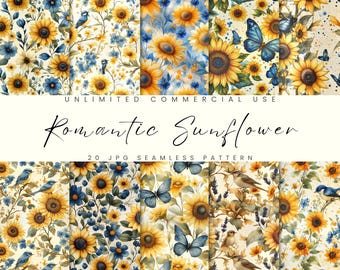 Sunflower Seamless Pattern, Watercolor Floral Digital Paper, Butterfly, Bird Pattern, Instant Download, Commercial Use