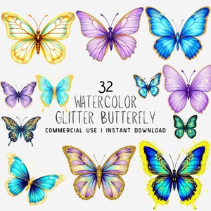 Watercolor Glitter Butterfly Clipart, Butterfly Clip Art, PNG Bundle, Commercial Use, Digital stickers