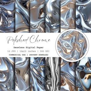 12 Polished Chrome Digital Paper | Seamless Metallic Texture | Liquid Metal Background | Commercial Use Scrapbook Paper