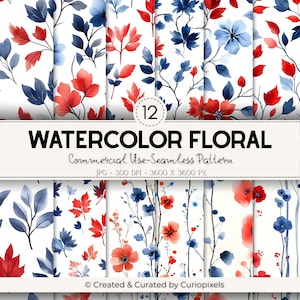 Watercolor Floral Seamless Pattern - 12 Blue & Red Flower Prints, 12x12&quot; JPG, 300 DPI
