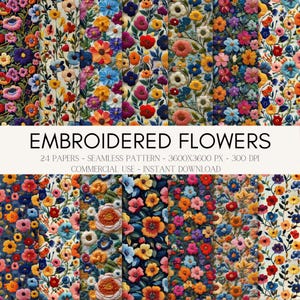 24 Embroidered Flowers Seamless Digital Papers for Fabric Printing & Scrapbooking – 3D Floral Textures, Commercial Use