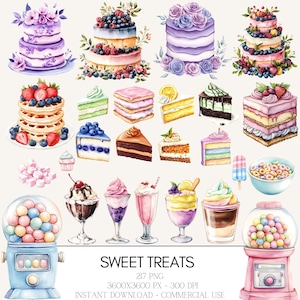 217 Sweet Treats Clipart for Candyland Parties, Stickers & Scrapbooking – Watercolor Dessert PNG, Commercial Use