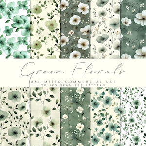 Watercolor Green Floral Seamless Pattern, Vintage Flower Digital Paper Pack, Instant Download, Commercial Use