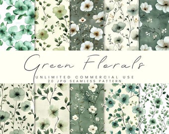 Watercolor Green Floral Seamless Pattern, Vintage Flower Digital Paper Pack, Instant Download, Commercial Use
